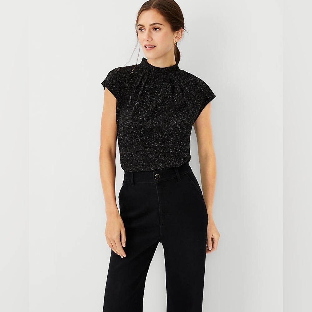Ann Taylor Black Shimmer Pleated Mockneck NEW